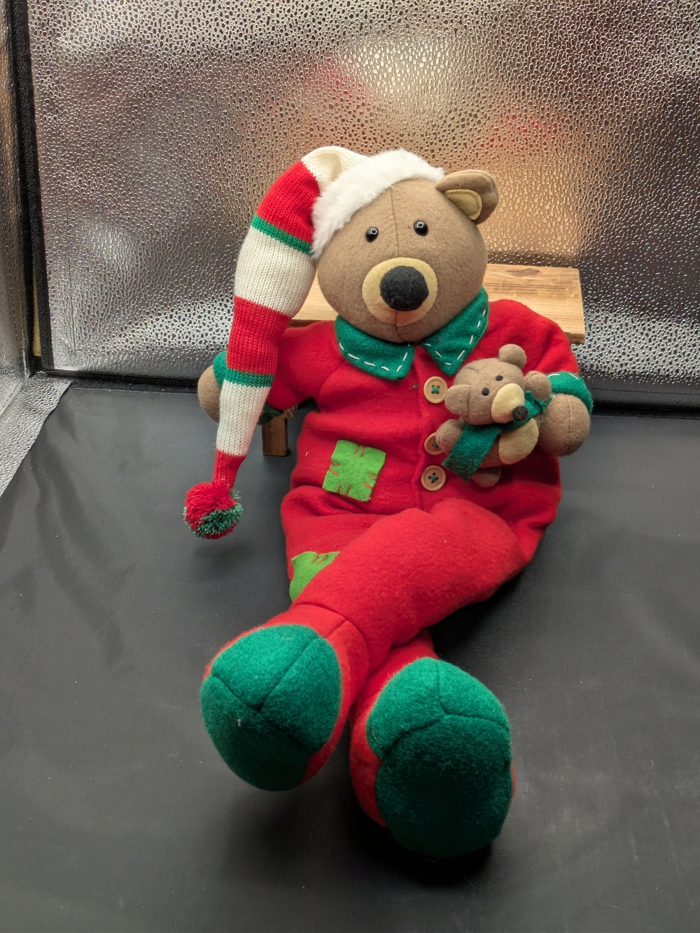 Plush Holiday Bear Toy in Red and Green Shelf Sitter